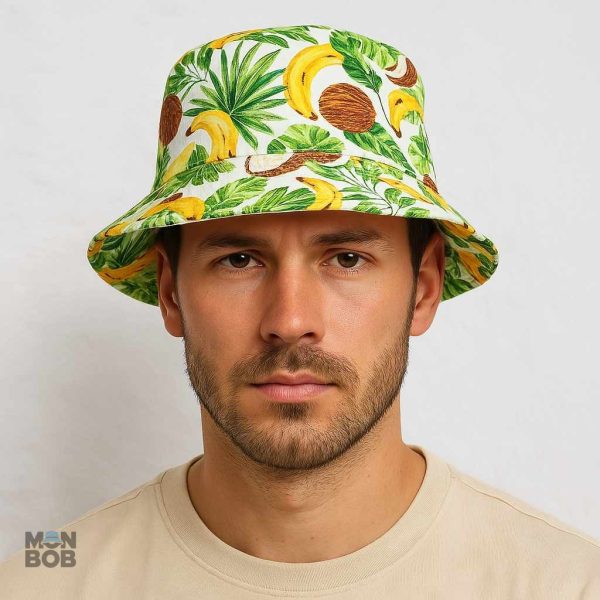 Variantes de bob réversible avec motif palmier, idéal pour l'été.