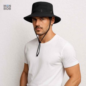 Chapeau de randonnée homme, couleur noir et ficelle