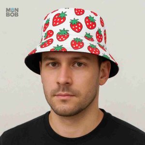 Chapeau réversible avec motif fraise, parfait pour les sorties