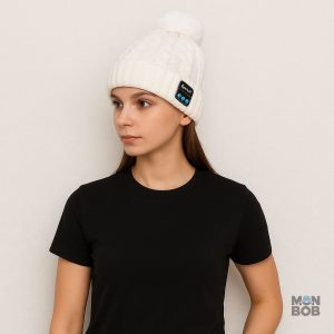 Bonnet blanc sans fil, idéal pour écouter de la musique en hiver