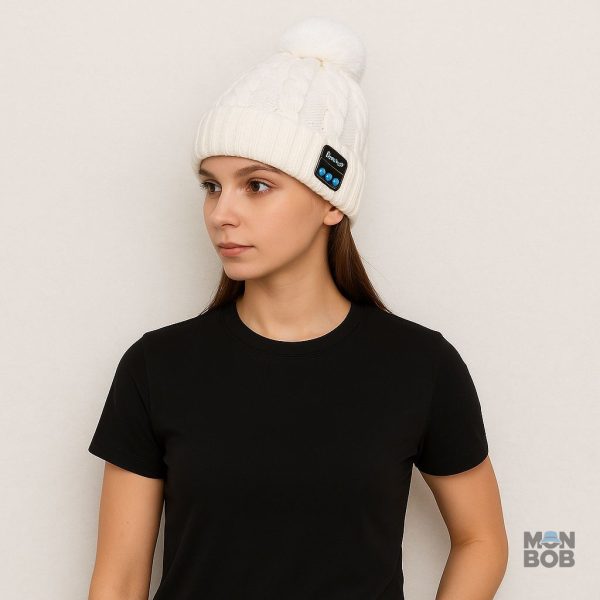 Bonnet blanc sans fil, idéal pour écouter de la musique en hiver