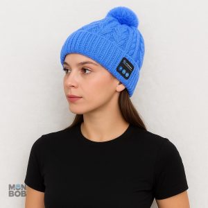 Bonnet à Pompon bleu avec fonction Bluetooth pour écouter de la musique