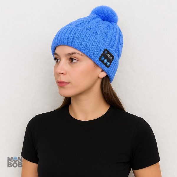 Bonnet à Pompon bleu avec fonction Bluetooth pour écouter de la musique