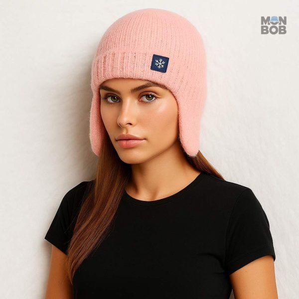 Bonnet cache-oreilles en laine, couleur rose tendance