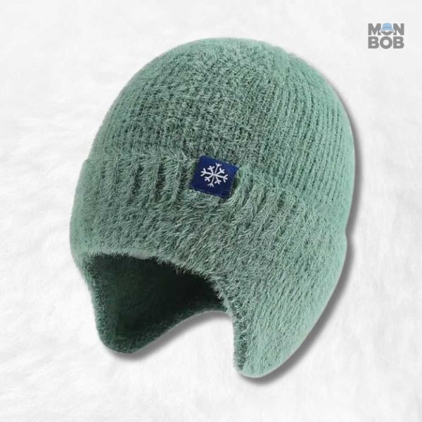 Bonnet cache oreille en laine verte foncée