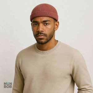 Bonnet marron avec design Docker, accessoire essentiel pour l'hiver