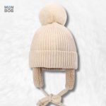 Bonnet beige à pompon pour enfant, cache-oreilles confortable
