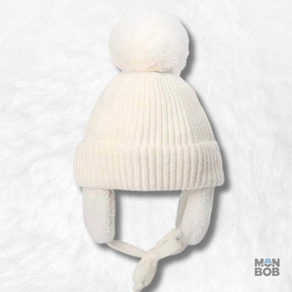 Bonnet Cache Oreilles Blanc Pompon Enfant