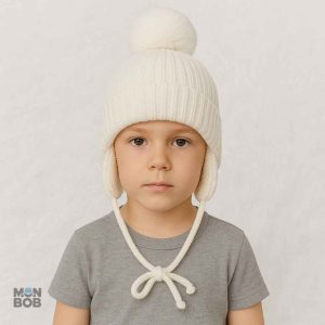 Bonnet Enfant Blanc avec Pompon pour l'Hiver