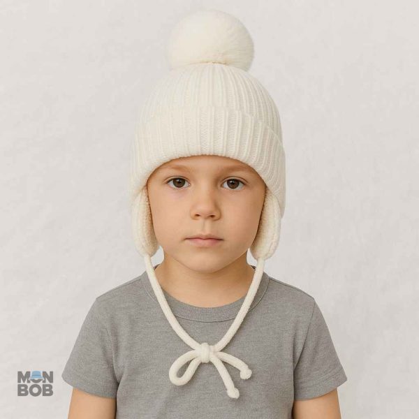 Bonnet Enfant Blanc avec Pompon pour l'Hiver