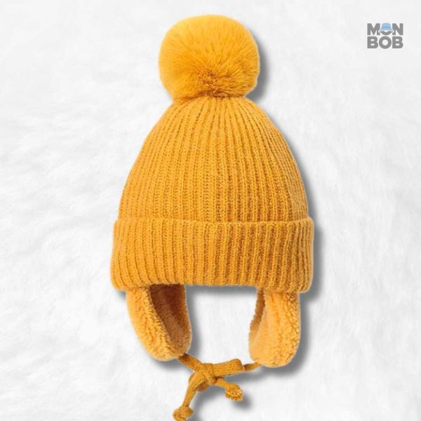 Bonnet jaune à pompon pour enfant, cache oreilles confortable