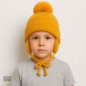 Bonnet enfant avec pompon, couleur jaune vive et douce