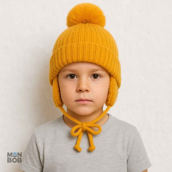 Bonnet enfant avec pompon, couleur jaune vive et douce