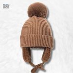 Bonnet marron à pompon pour enfant, cache-oreilles doux