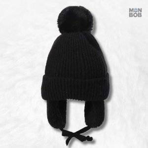 Bonnet noir à pompon pour enfant, cache oreilles tendance