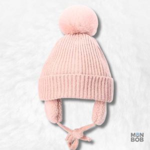 Bonnet Cache Oreille Rose avec Pompon pour Enfant
