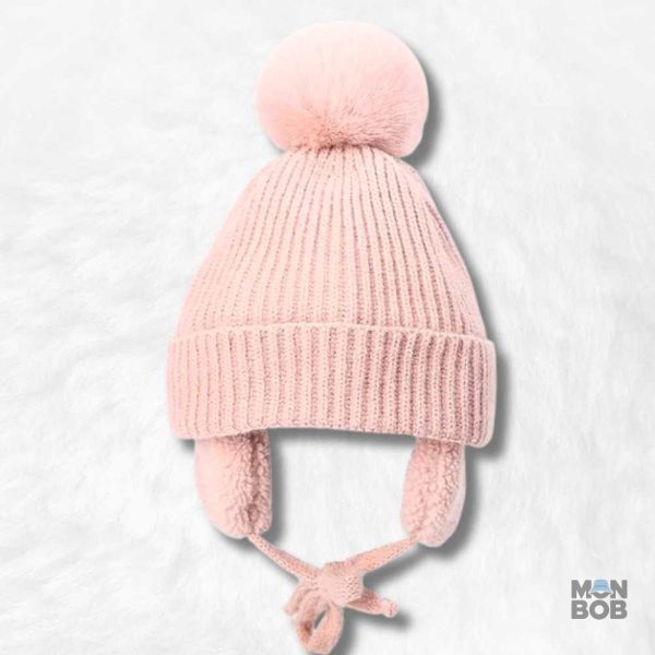 Bonnet Cache Oreille Rose avec Pompon pour Enfant
