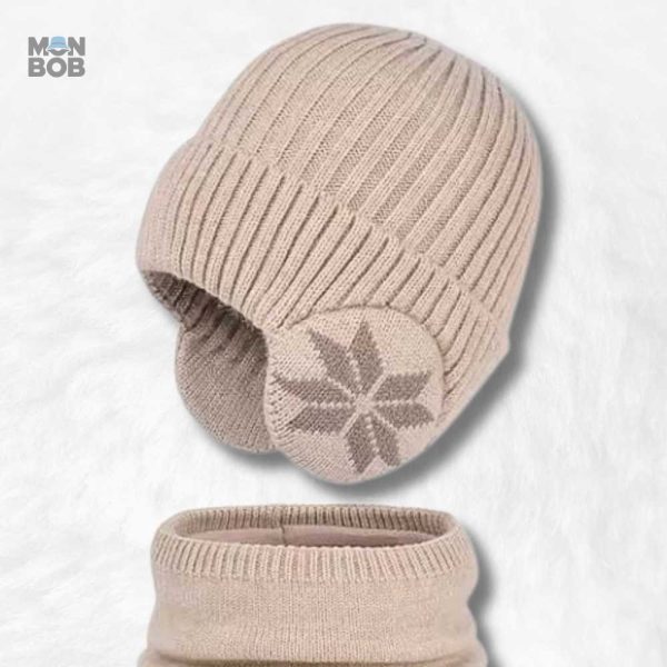 Bonnet enfant beige avec écharpe assortie