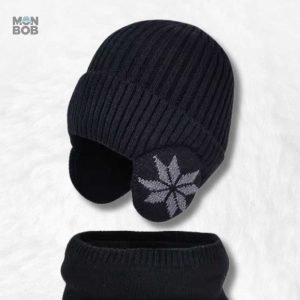 Bonnet enfant noir avec écharpe assortie