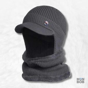 Bonnet gris pour homme avec écharpe assortie