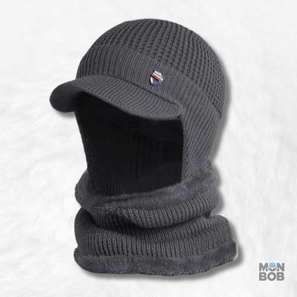 Bonnet gris pour homme avec écharpe assortie