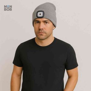 Accessoire chaud et lumineux : bonnet avec lampe frontale grise