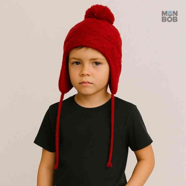 Bonnet enfant style péruvien rouge avec pompon