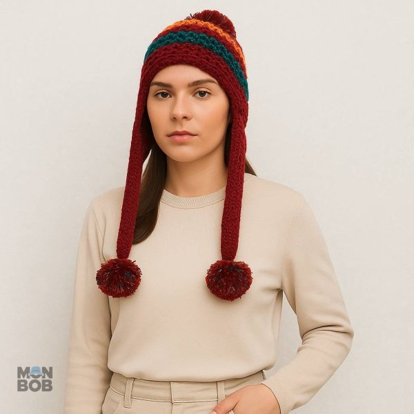 Bonnet traditionnel péruvien rouge, parfait pour l'hiver