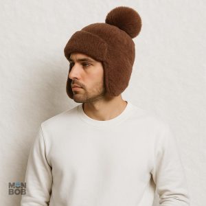 Bonnet en laine marron, style cache oreilles
