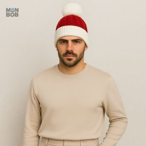 Accessoire chaud, Bonnet à Pompon Rouge et Blanc pour les frimas