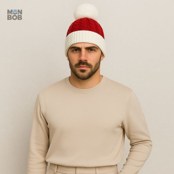 Accessoire chaud, Bonnet à Pompon Rouge et Blanc pour les frimas