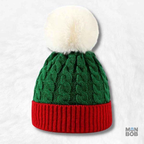 Bonnet Rouge et Vert avec Pompon, accessoire tendance