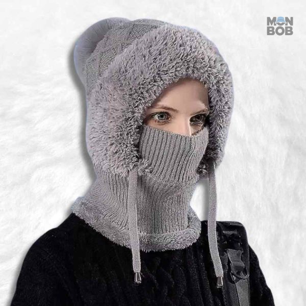 Bonnet gris femme, style cagoule, protection contre le froid