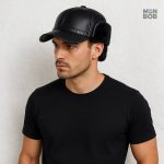 Casquette noire en cuir végane style chapka