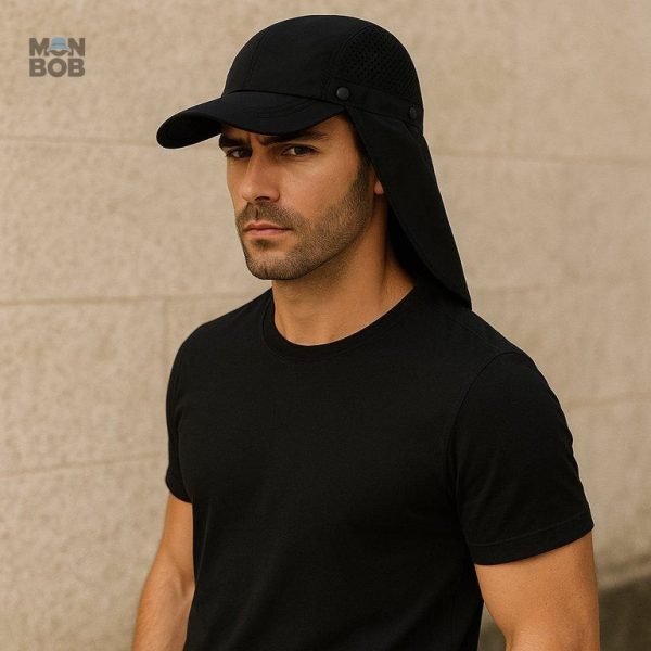 Casquette noire avec protection UV et visière allongée