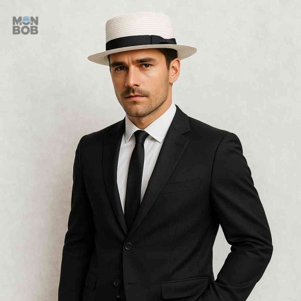 Chapeau de Paille blanc, style canotier classique