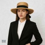 Chapeau de paille style bohème pour femme en noir et beige