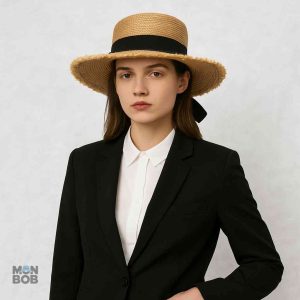 Chapeau de paille style bohème pour femme en noir et beige